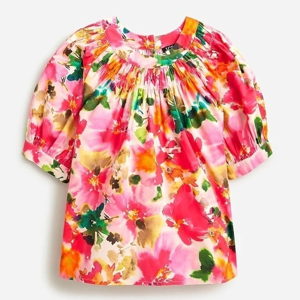 J crew Smock-neck puff-sleeve top in floral cotton poplin